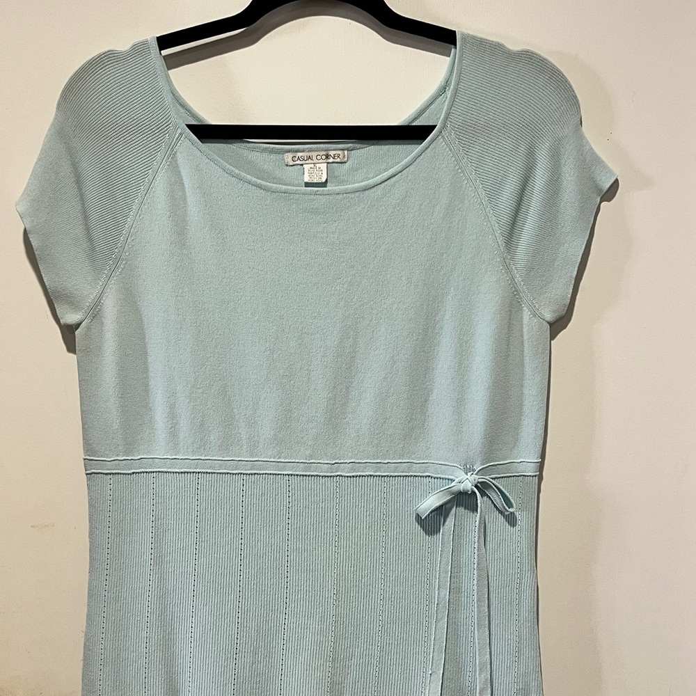 🛍️ Casual Corner Sky Blue Knit Blouse with Ribbon Accent